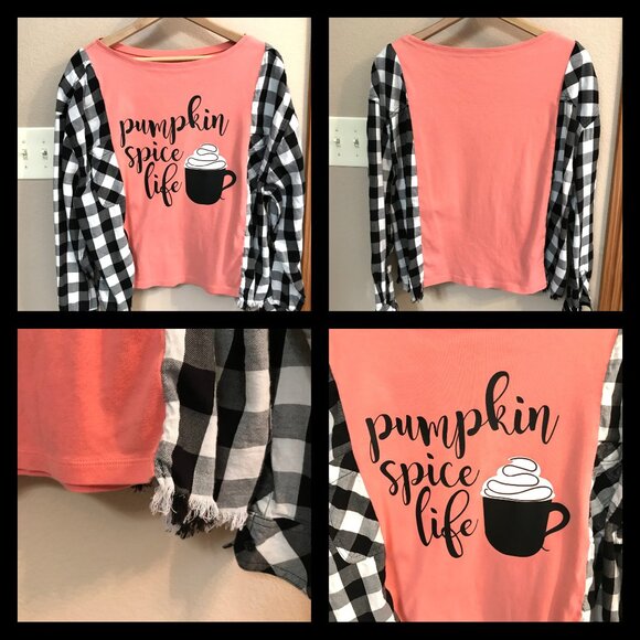 Reworked Flannel Tee Size M-L: Upcycled Oversized Pumpkin Spice Coffee Graphic - Picture 9 of 9